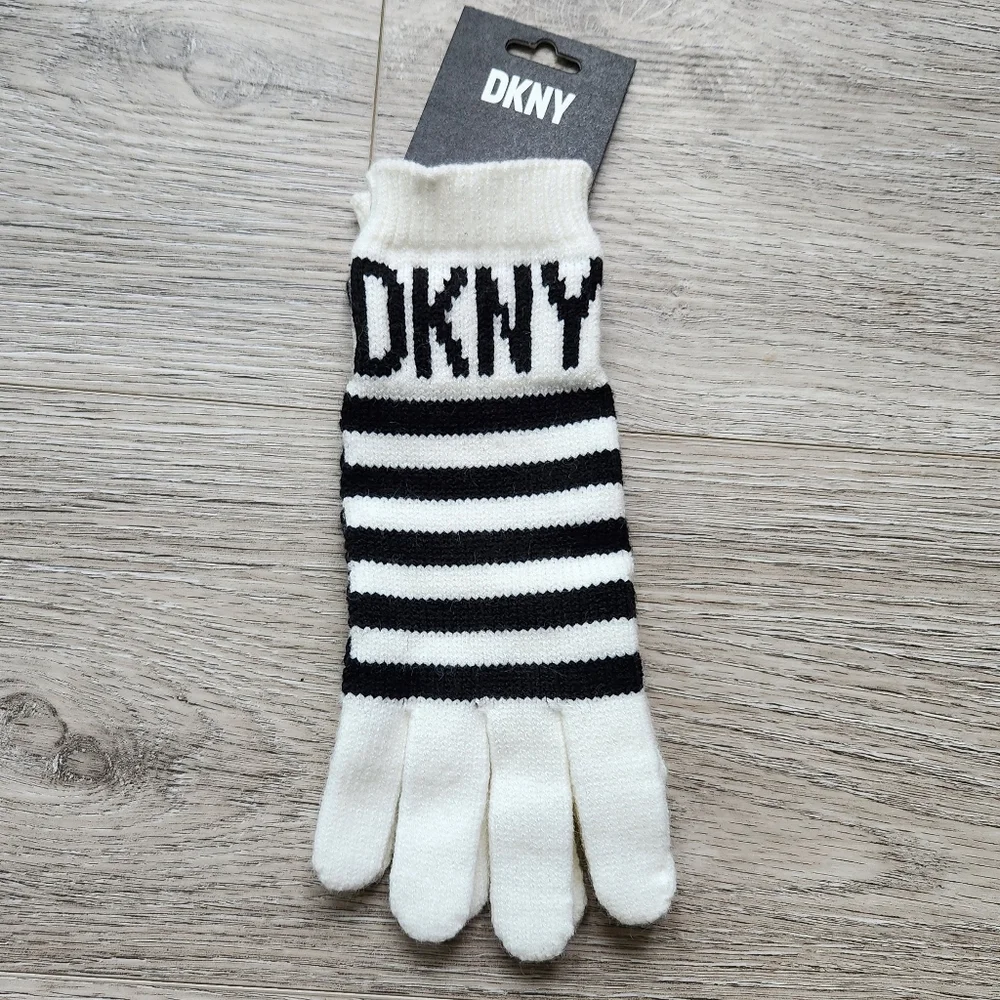 DKNY Striped Black and White Gloves Womens One Size Winter Cozy